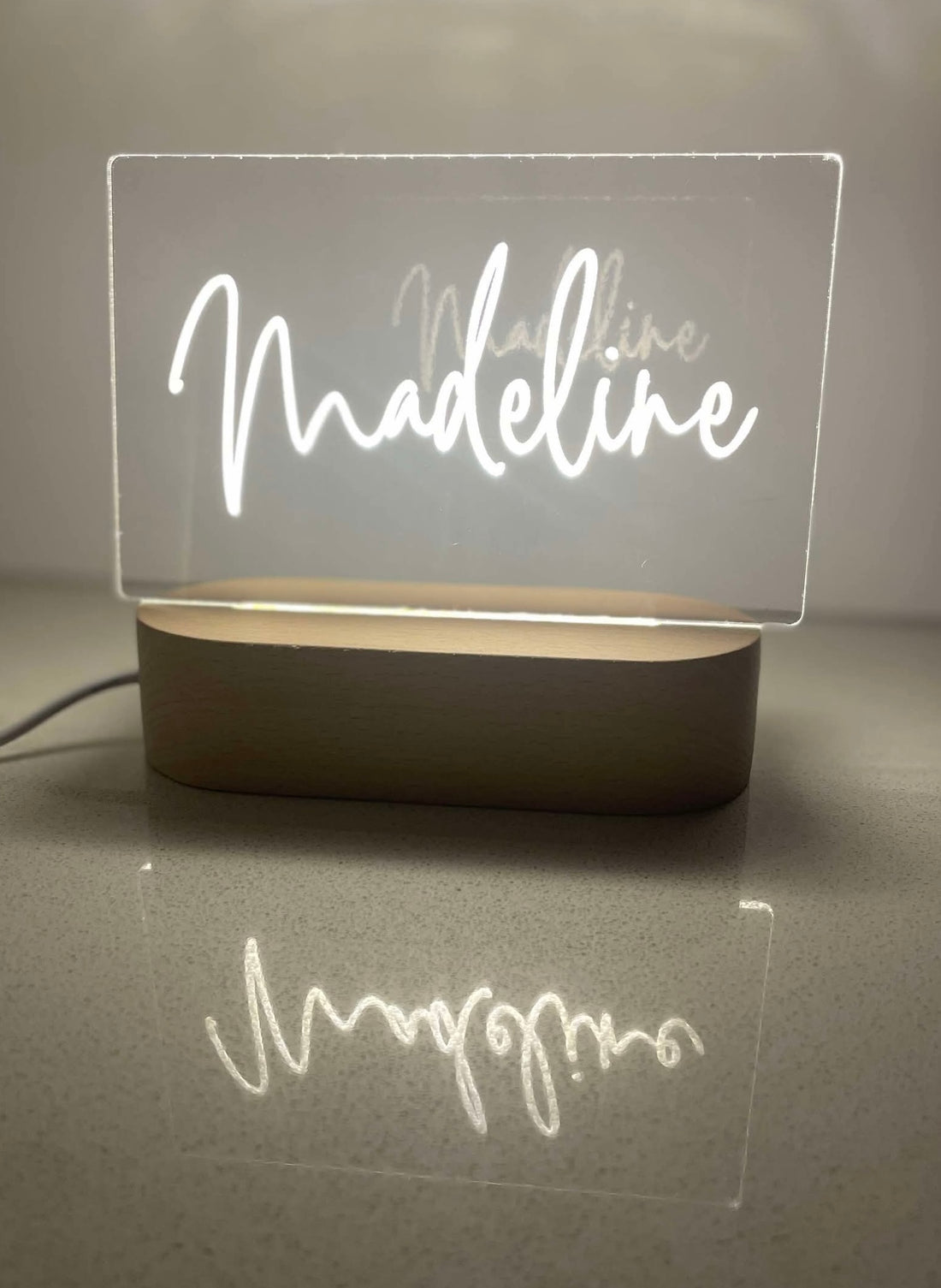 Name in Lights LED Sign – Personalised Engraved Acrylic Night Light with Wooden Base