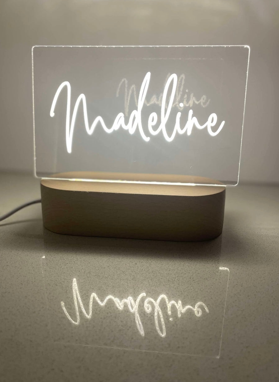 Name in Lights LED Sign – Personalised Engraved Acrylic Night Light with Wooden Base