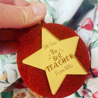 Personalised Best Teacher & Best Aide glitter Christmas decoration