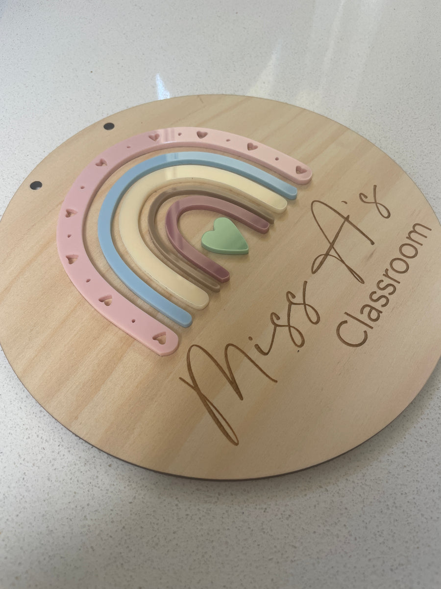 Rainbow Acrylic & Wood Classroom Sign