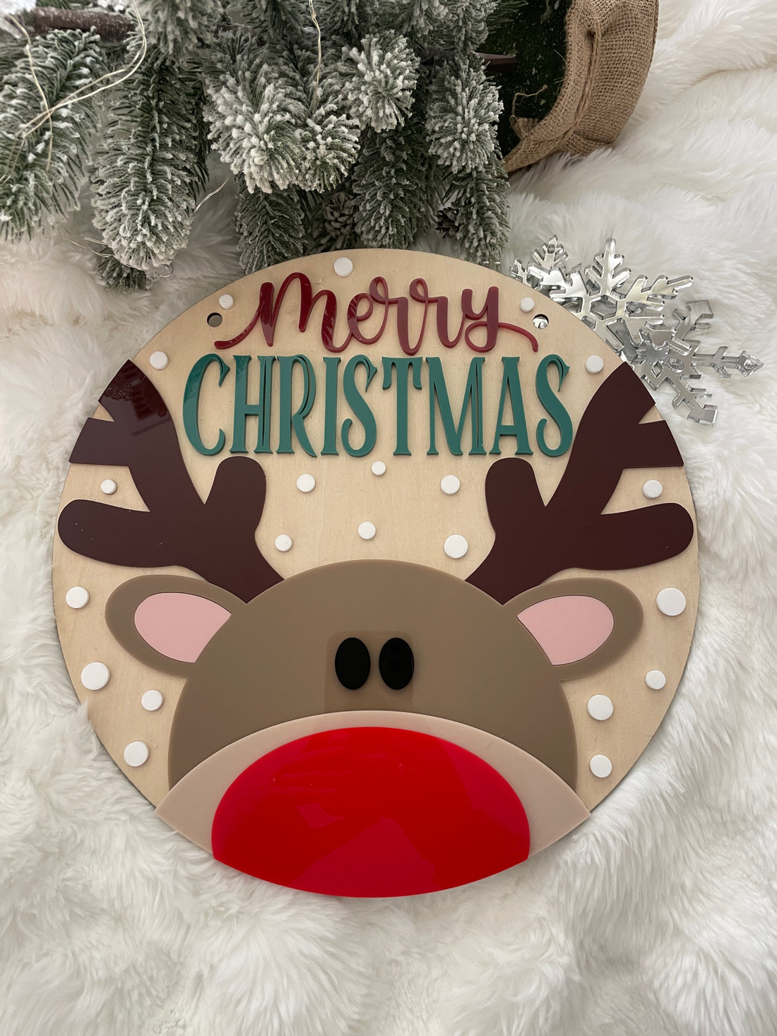 Merry Christmas Reindeer Sign – Wooden & Acrylic Decoration