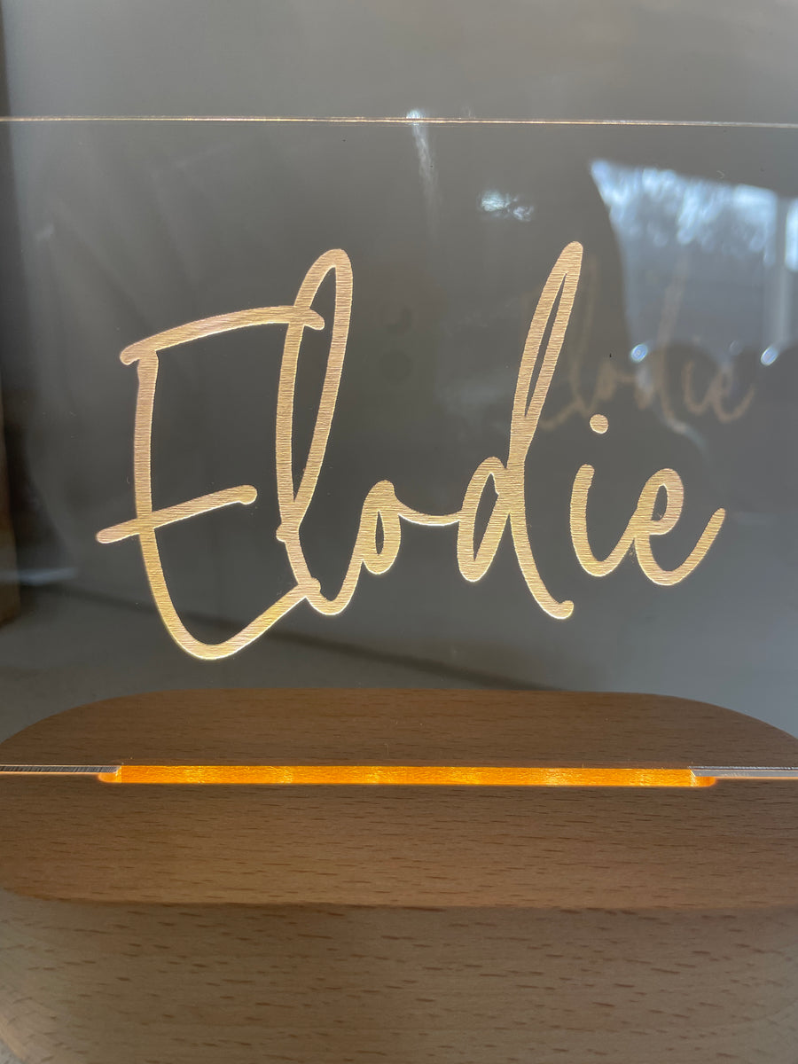Name in Lights LED Sign – Personalised Engraved Acrylic Night Light with Wooden Base