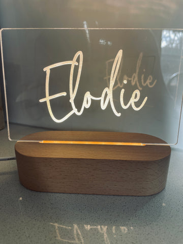 Name in Lights LED Sign – Personalised Engraved Acrylic Night Light with Wooden Base
