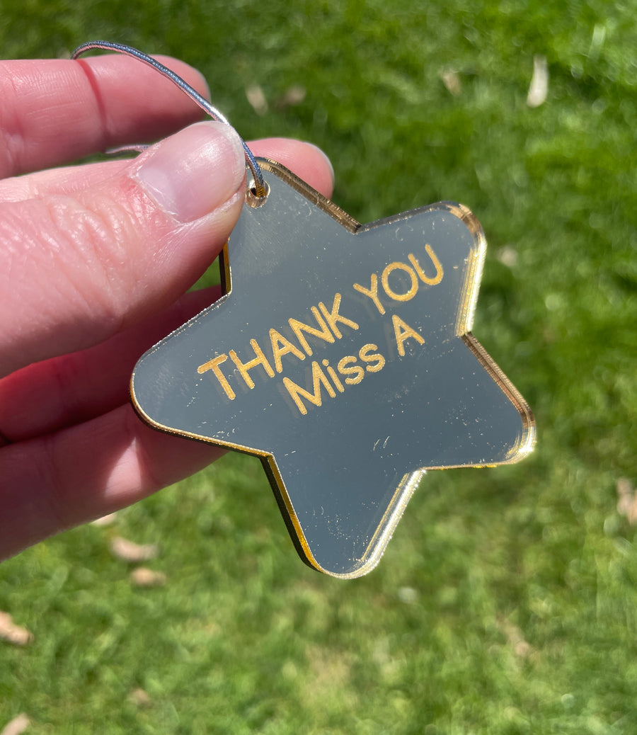 Personalised Teacher Thank You Star Ornament – Double-Sided Mirror & Wood