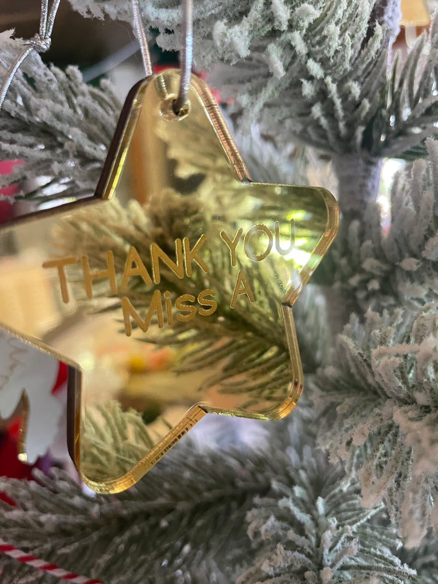 Personalised Teacher Thank You Star Ornament – Double-Sided Mirror & Wood