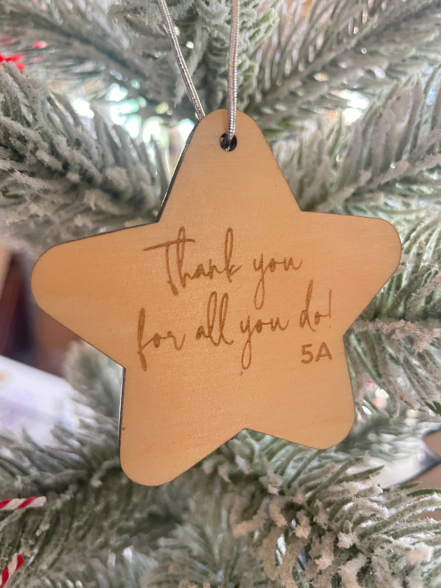 Personalised Teacher Thank You Star Ornament – Double-Sided Mirror & Wood